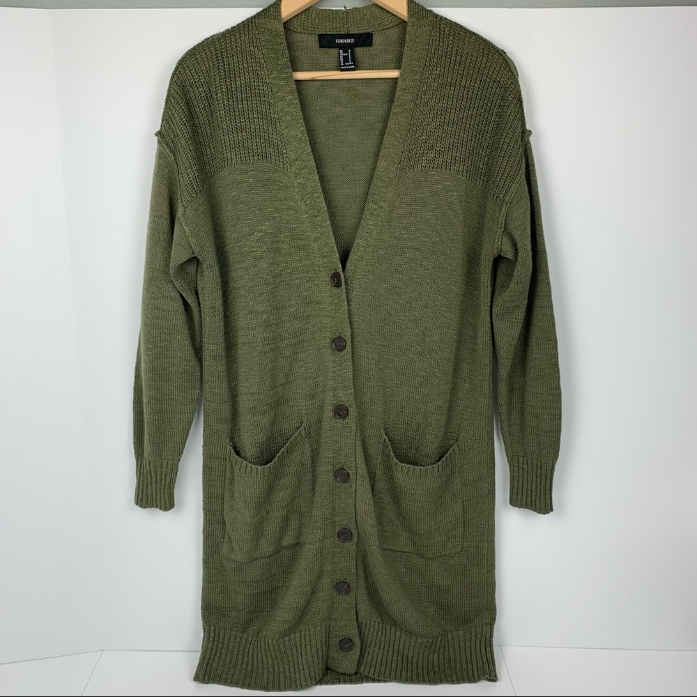 Forever 21 Green Knit Long Button Front Cardigan Size Small